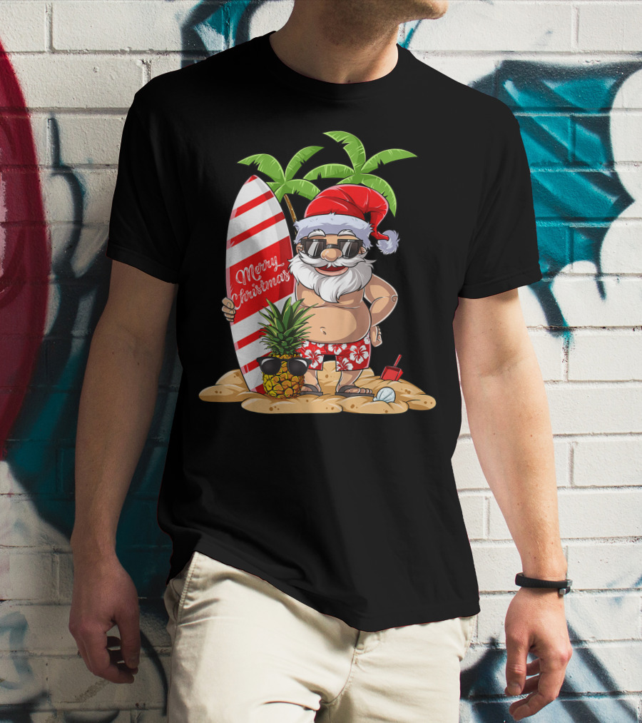 Merry Christmas Santa Hawaiian Surfing Summer Fun Pineapple Beach T-Shirt