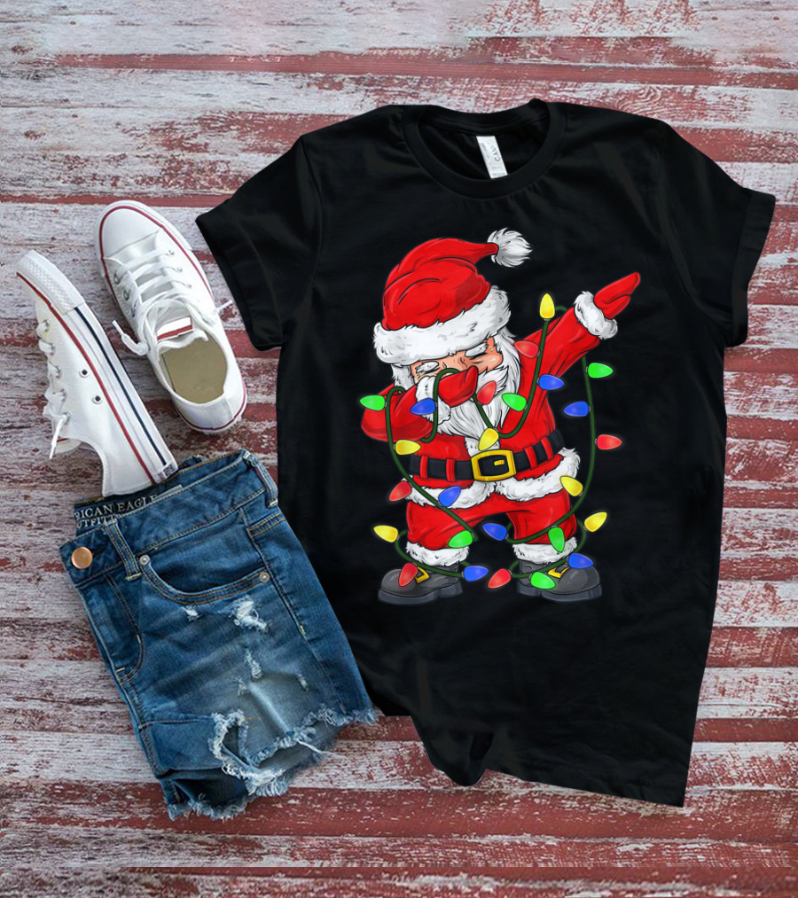 Dabbing Santa Claus Wrapped In Christmas Tree Lights T-Shirt