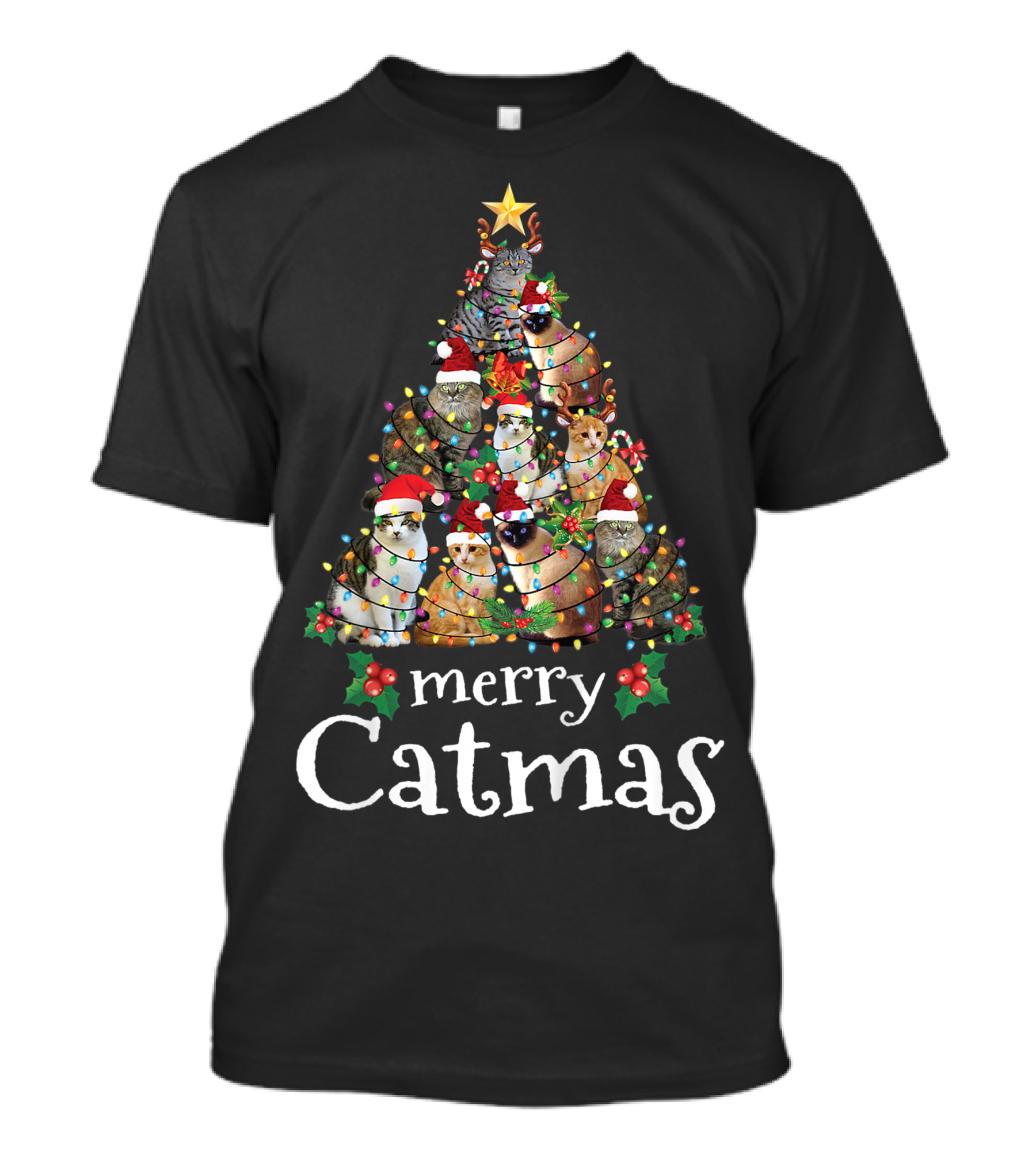 Merry Catmas Xmas Kids Funny Cat Christmas Tree With Cats In Santa Hats And Lights T-Shirt