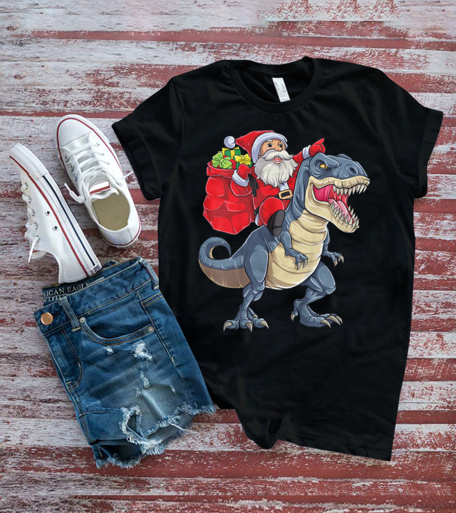 Santa Claus Riding T-Rex With Gifts T-Shirt