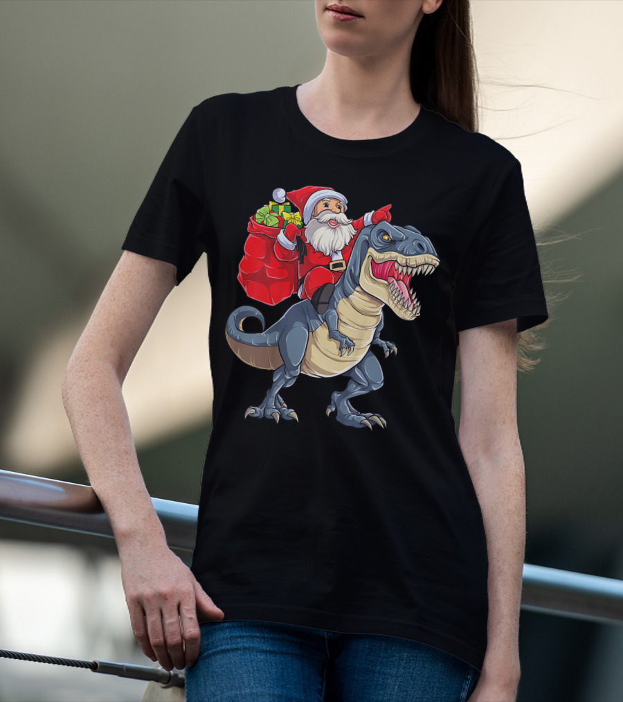 Santa Claus Riding T-Rex With Gifts T-Shirt