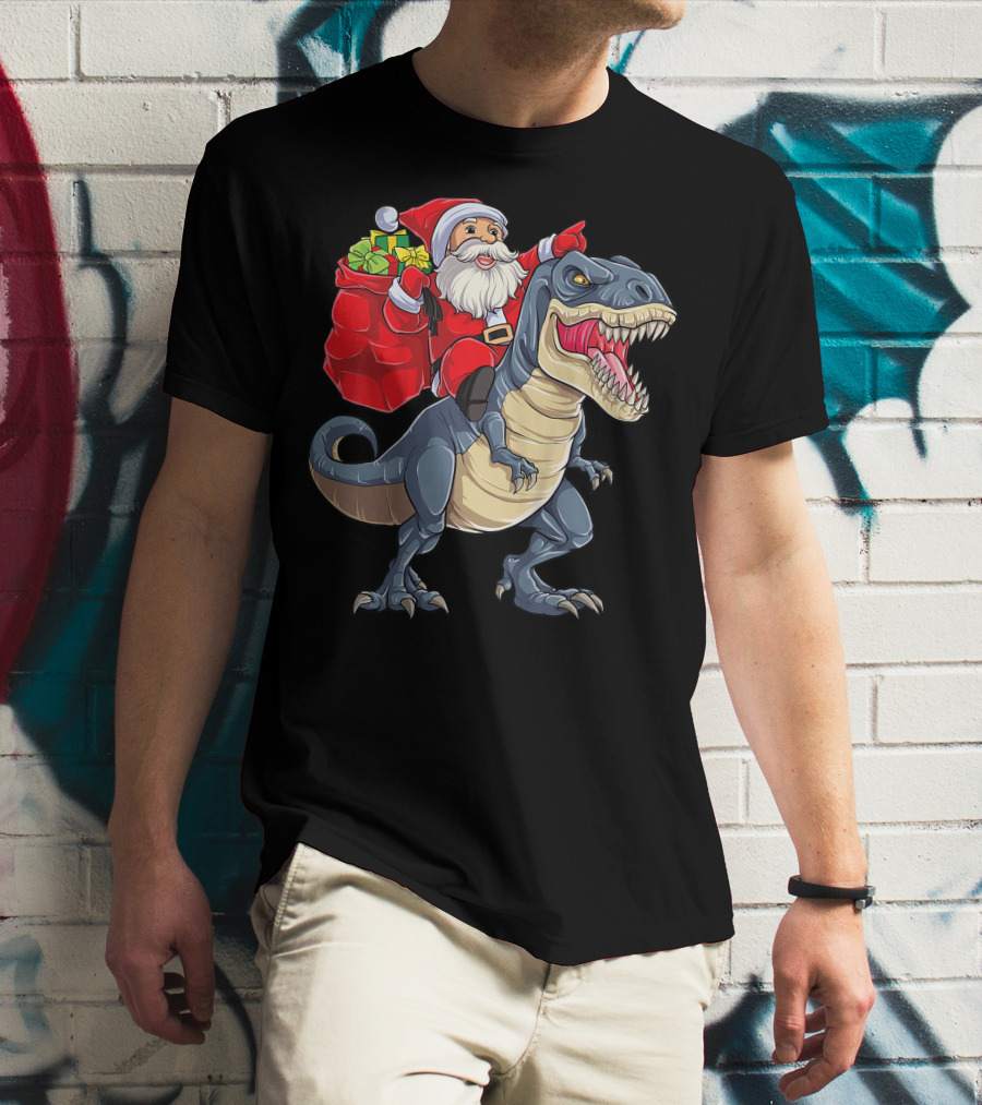 Santa Claus Riding T-Rex With Gifts T-Shirt