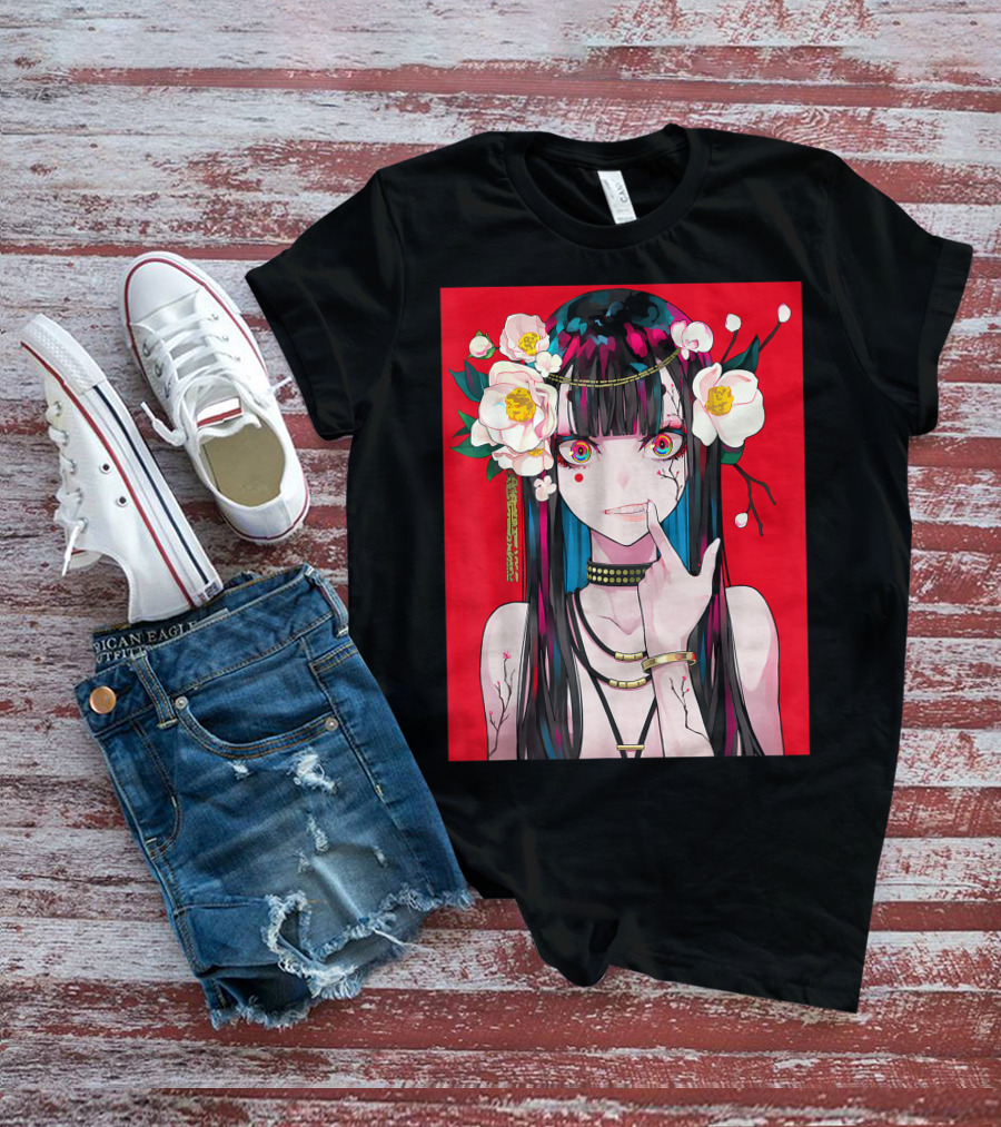 Anime Girl Japanese Aesthetic Otaku Red Background Flowers T-Shirt