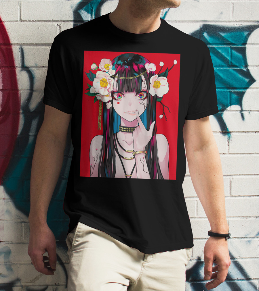 Anime Girl Japanese Aesthetic Otaku Red Background Flowers T-Shirt