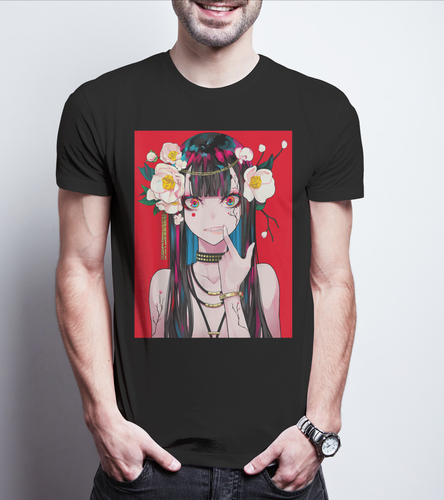 Anime Girl Japanese Aesthetic Otaku Red Background Flowers T-Shirt