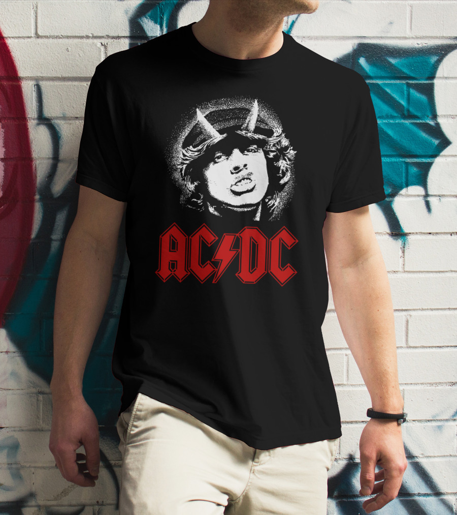Acdc Rock Band Portrait With Red Logo And Horns T-Shirt