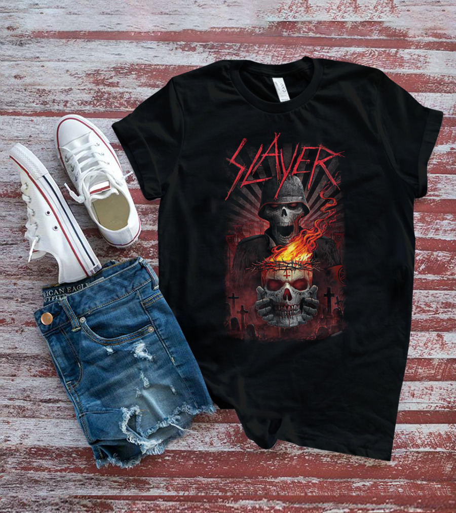 Slayer Skull Soldier With Fiery Crown And Crosses T-Shirt