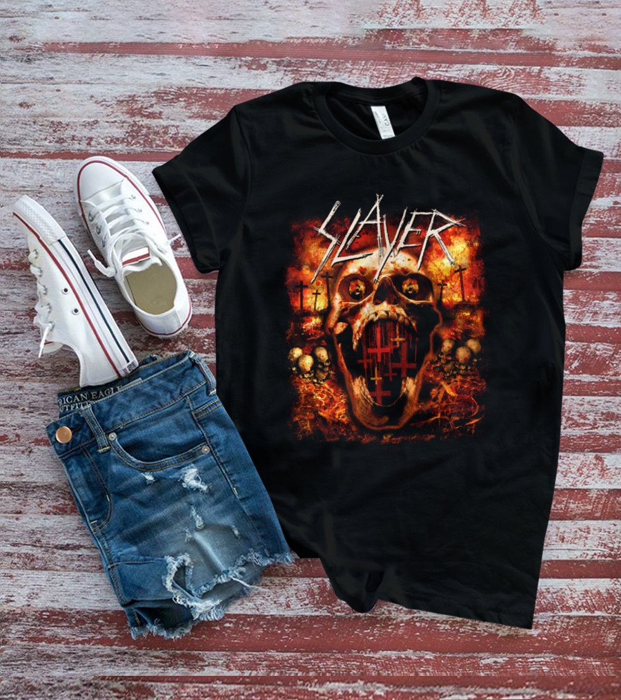 Slayer Skull Flames Crosses Metal Band Art T-Shirt
