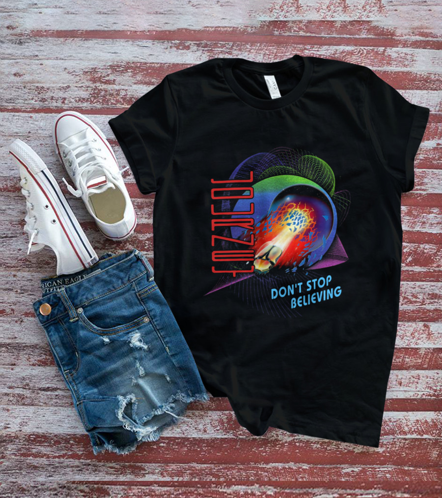 Journey Don't Stop Believing Text With Fiery Planet And Geometric T-Shirt