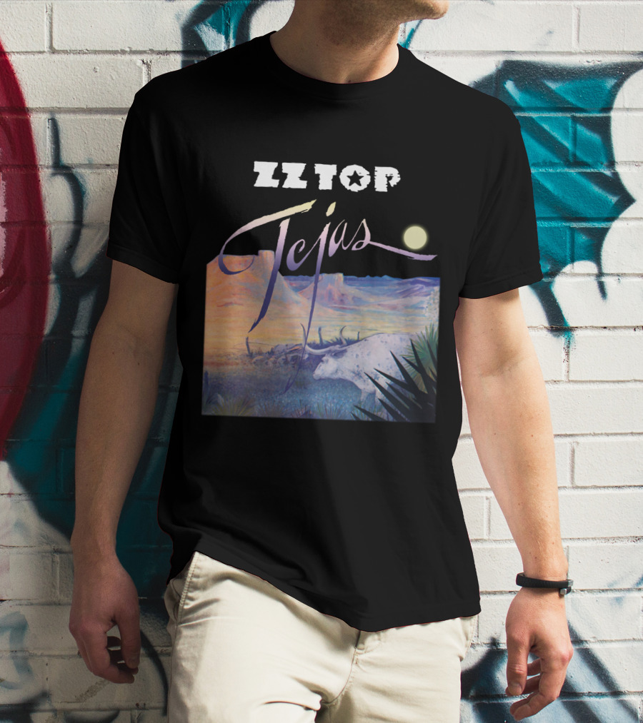 Zz Top Tejas Desert Scene With White Longhorn Under Moon T-Shirt