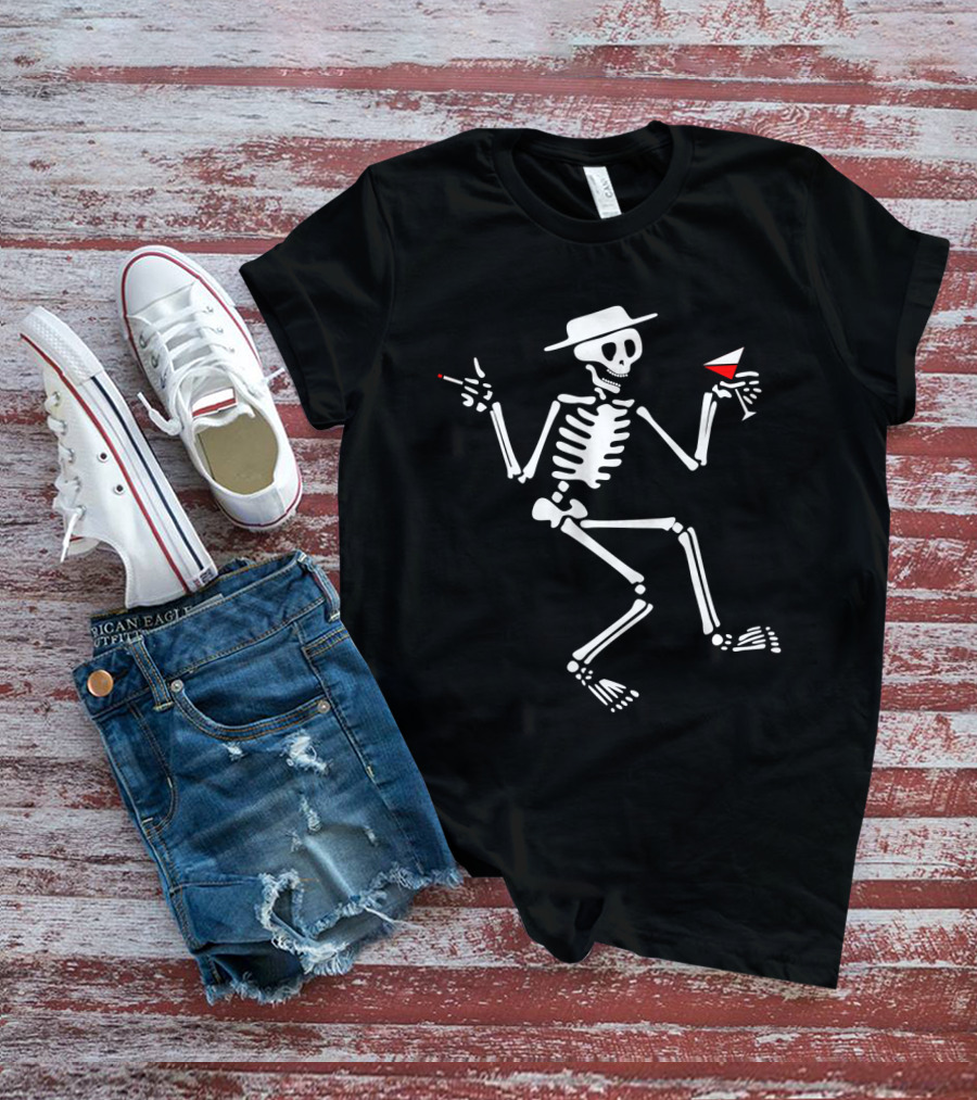 Sd 28 Dancing Skeleton With Hat Smoking Cigarette And Holding Cocktail T-Shirt