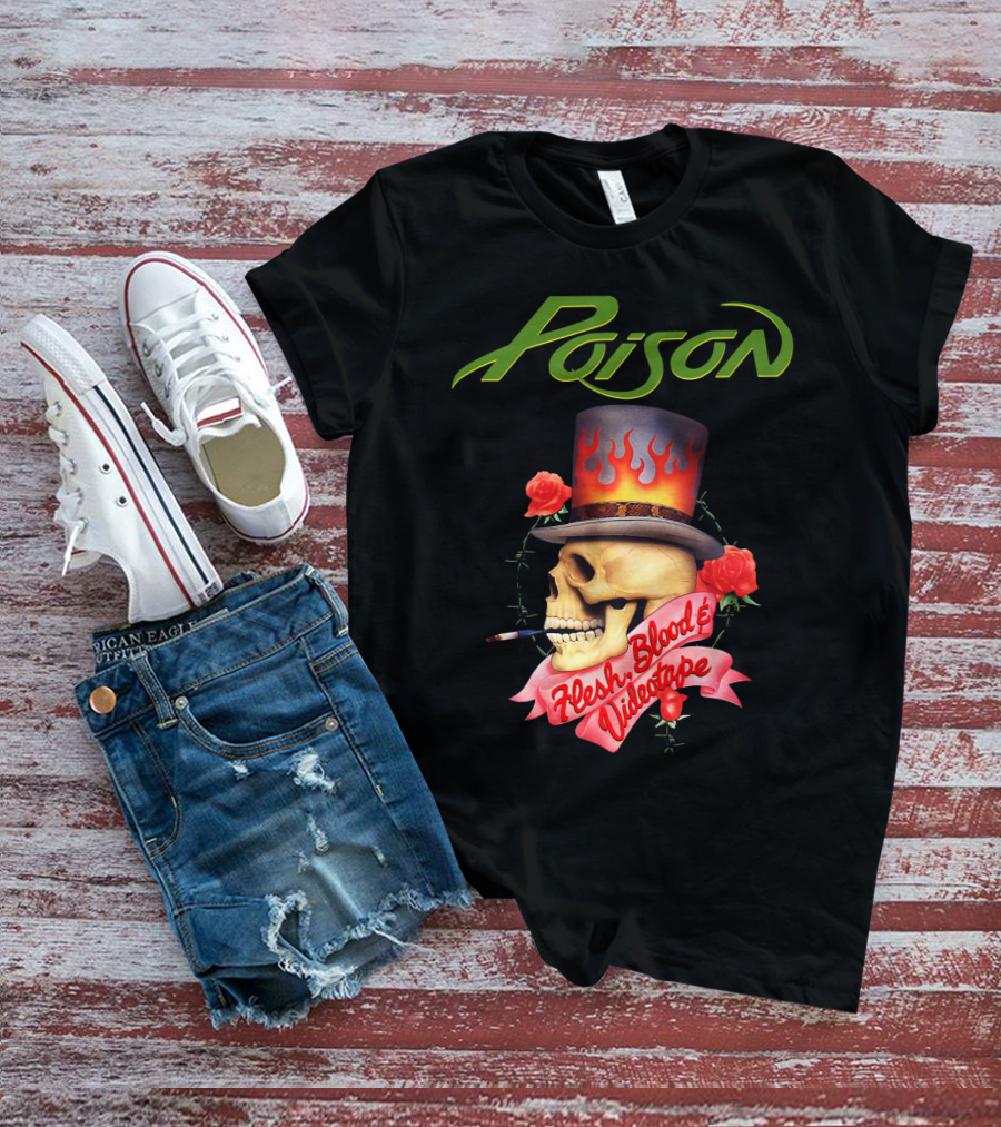 Poison Flesh Blood & Videotape Skull With Roses And Cigarette T-Shirt