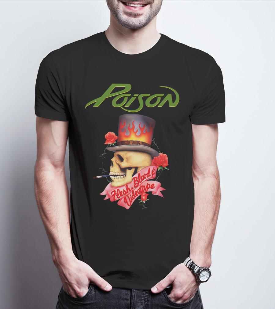 Poison Flesh Blood & Videotape Skull With Roses And Cigarette T-Shirt
