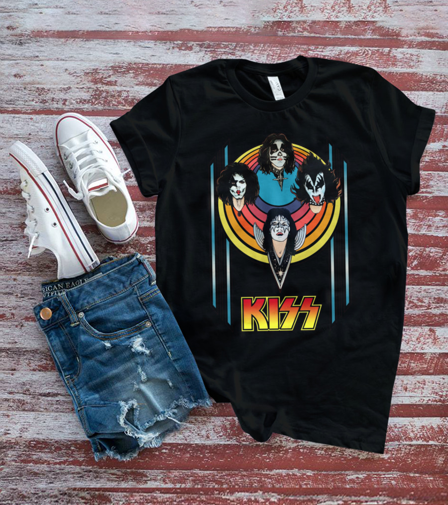 Kiss Band Iconic Faces With Colorful Stripes Retro Style T-Shirt