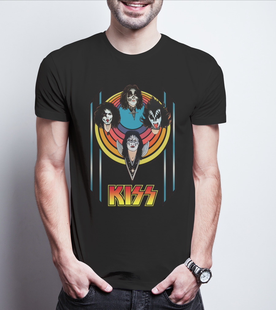 Kiss Band Iconic Faces With Colorful Stripes Retro Style T-Shirt