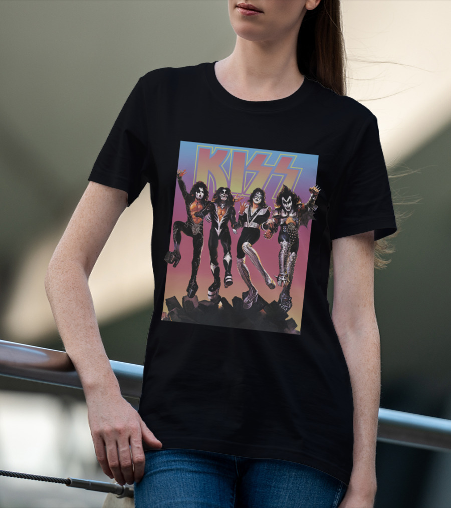 Kiss Band Characters With Bold Logo And Colorful T-Shirt