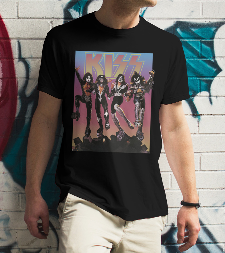 Kiss Band Characters With Bold Logo And Colorful T-Shirt