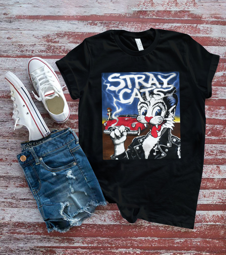 Stray Cats Rockabilly Band Retro Art With Cat Smoking In Leather Jacket T-Shirt