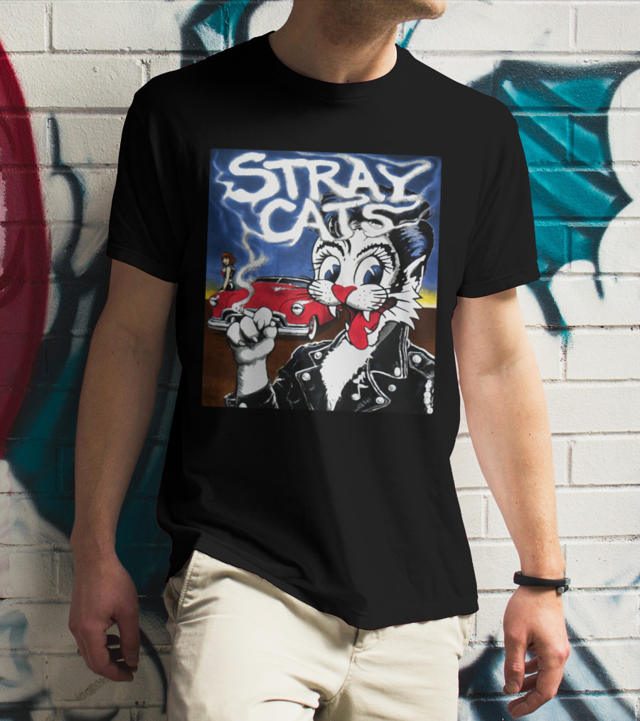 Stray Cats Rockabilly Band Retro Art With Cat Smoking In Leather Jacket T-Shirt