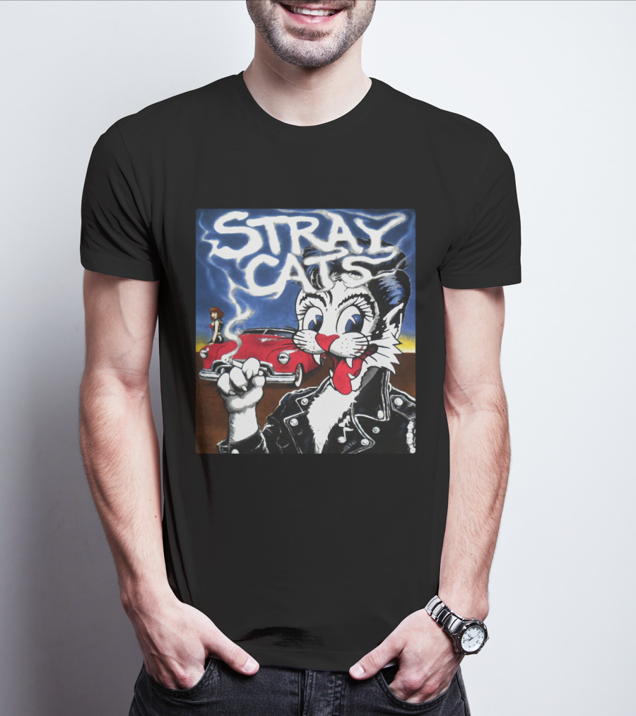 Stray Cats Rockabilly Band Retro Art With Cat Smoking In Leather Jacket T-Shirt