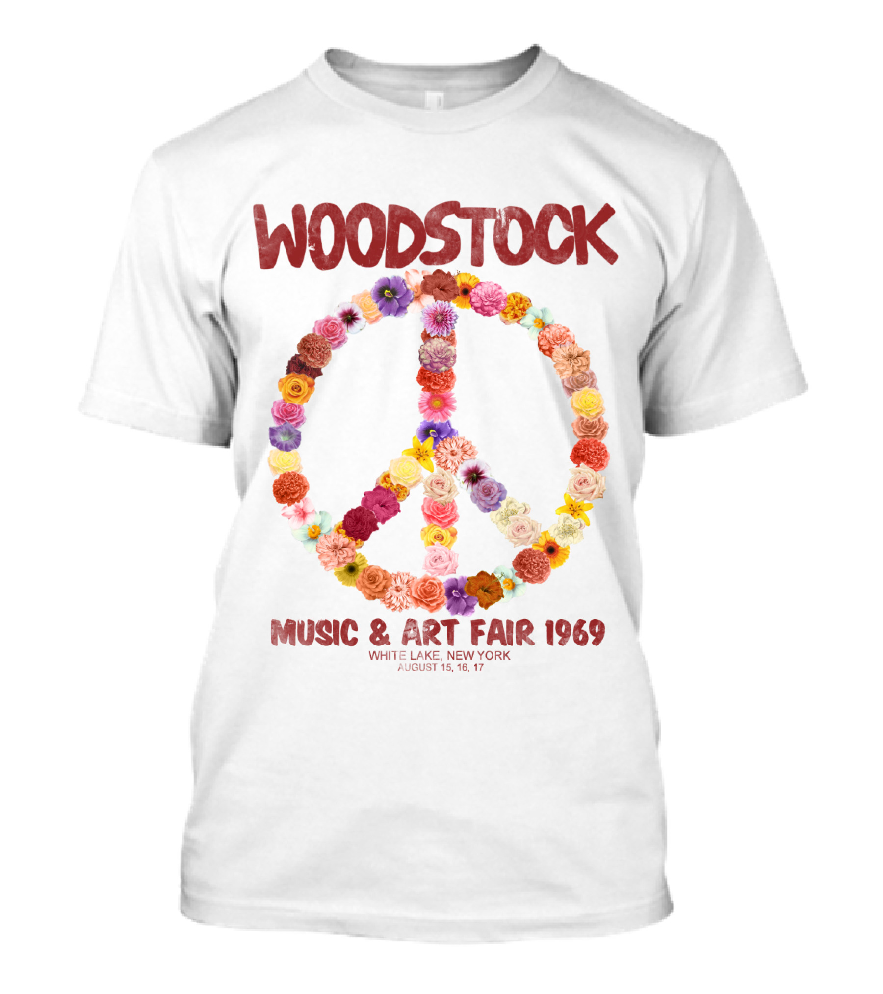 Woodstock Music & Art Fair 1969 Peace Symbol Flowers White Lake New York August T-Shirt
