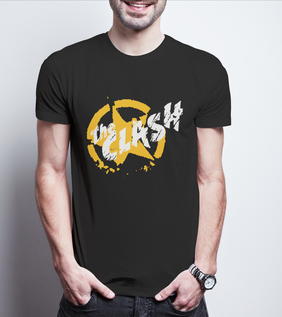The Clash Star Logo Distressed Style Yellow And White T-Shirt
