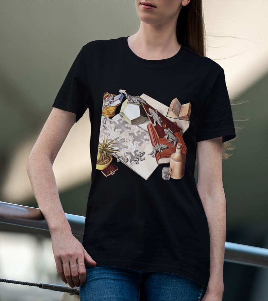 M.c. Escher 1988 Reptiles Optical Illusion Morphing Creatures Book And Geometric Patterns T-Shirt
