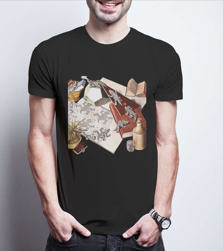 M.c. Escher 1988 Reptiles Optical Illusion Morphing Creatures Book And Geometric Patterns T-Shirt