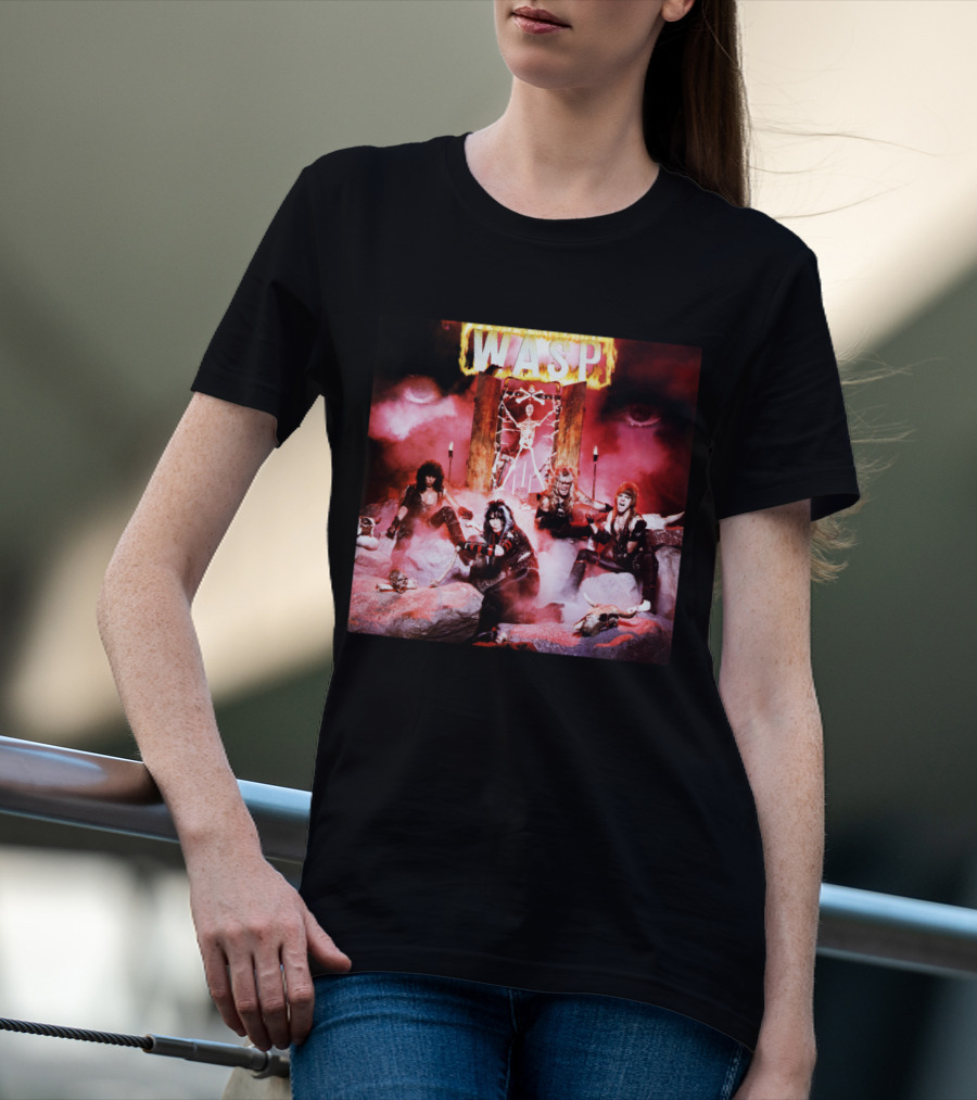 Wasp Burning Cross Skull Imagery Band Poster T-Shirt