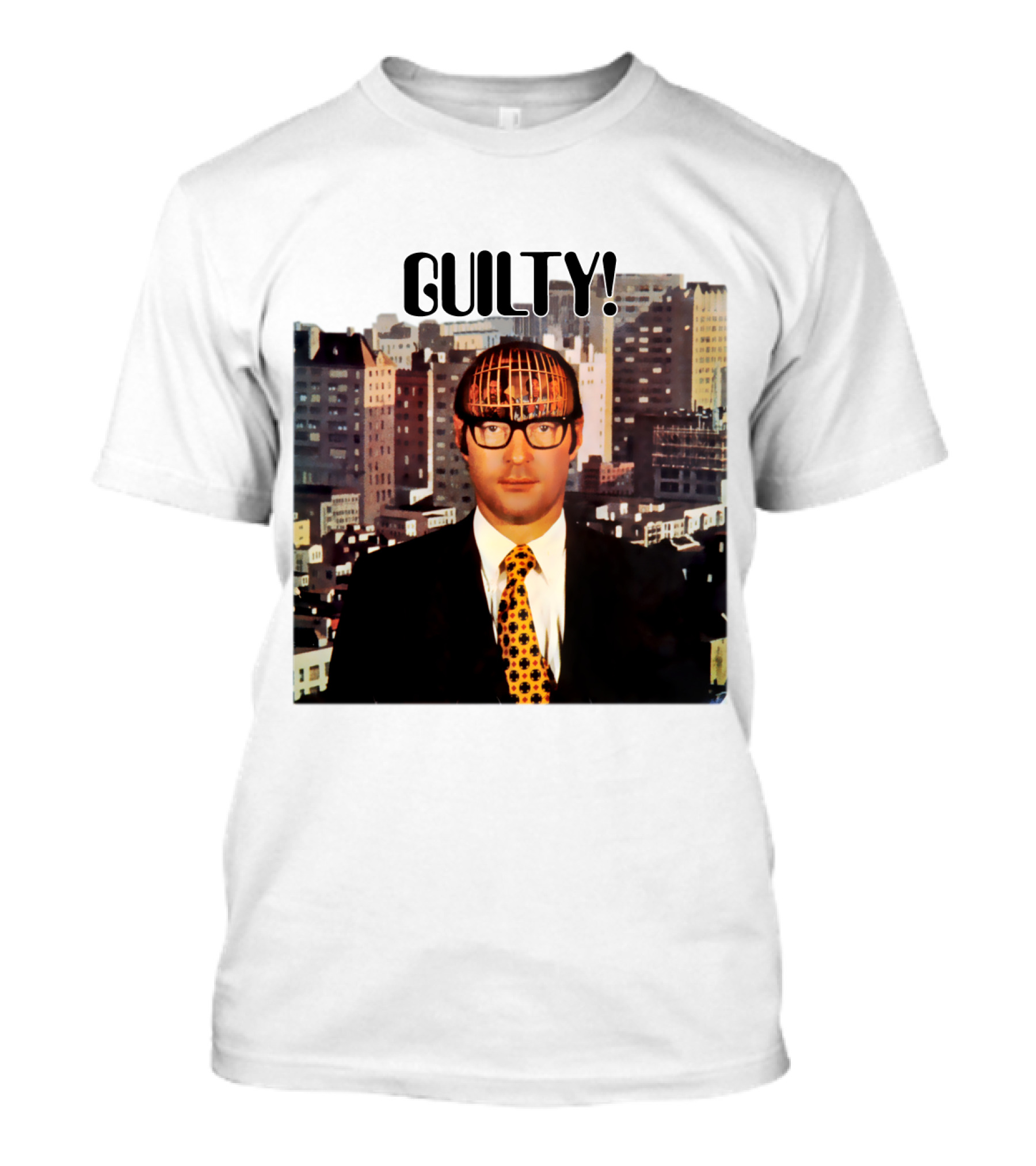 Guilty! Man With Cityscape Cage Head T-Shirt