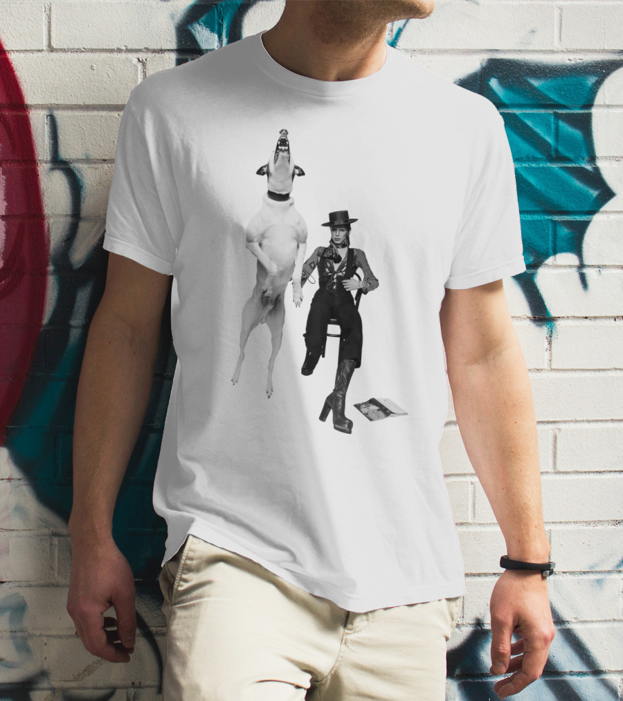 High Jumping Dog And Stylish Figure In Western Attire T-Shirt