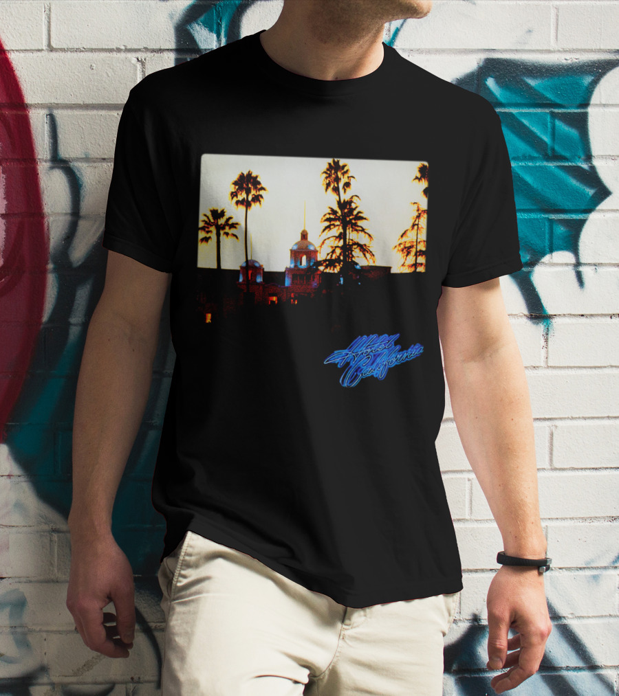 Hotel California Night Scene With Palm Trees And Neon Style T-Shirt