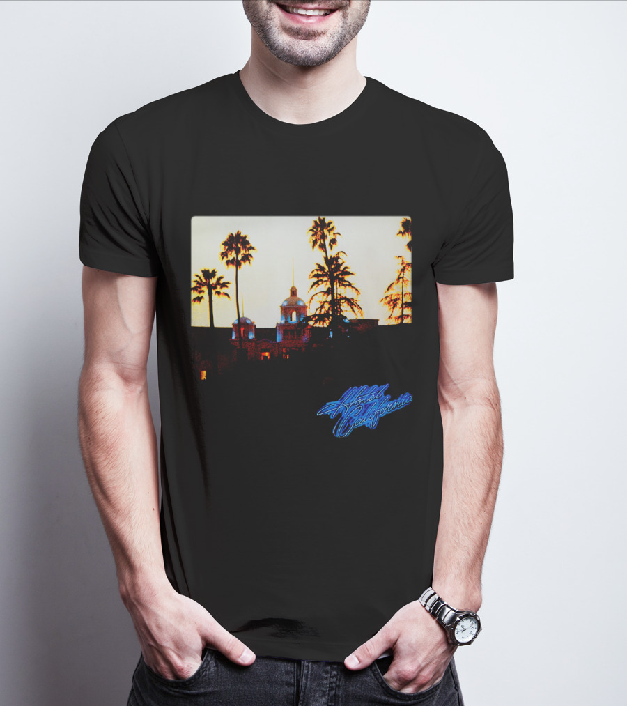 Hotel California Night Scene With Palm Trees And Neon Style T-Shirt