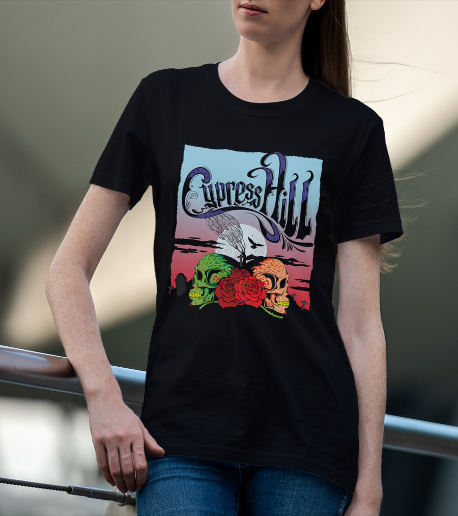 Cypress Hill Two Skulls And Roses With Moon And Raven T-Shirt