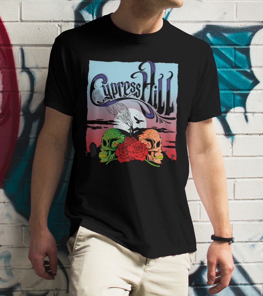 Cypress Hill Two Skulls And Roses With Moon And Raven T-Shirt