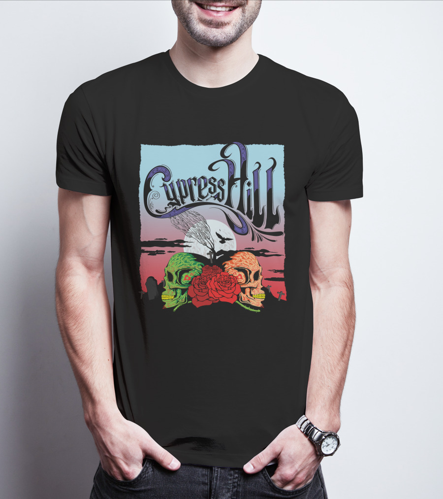 Cypress Hill Two Skulls And Roses With Moon And Raven T-Shirt