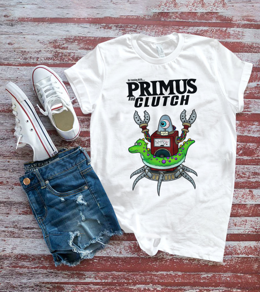 An Evening With Primus And Clutch Robot Monster With Alligator Alien Creature T-Shirt