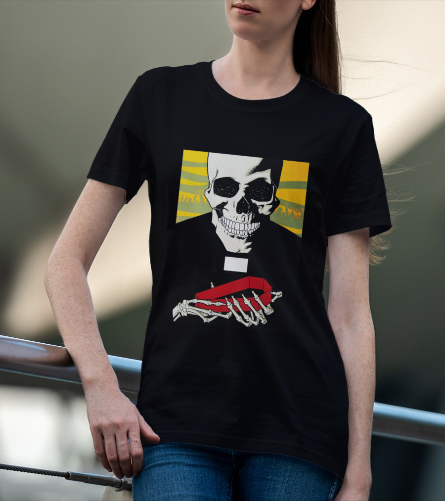 Bold Skeleton With Red Coffin On Striped Yellow T-Shirt
