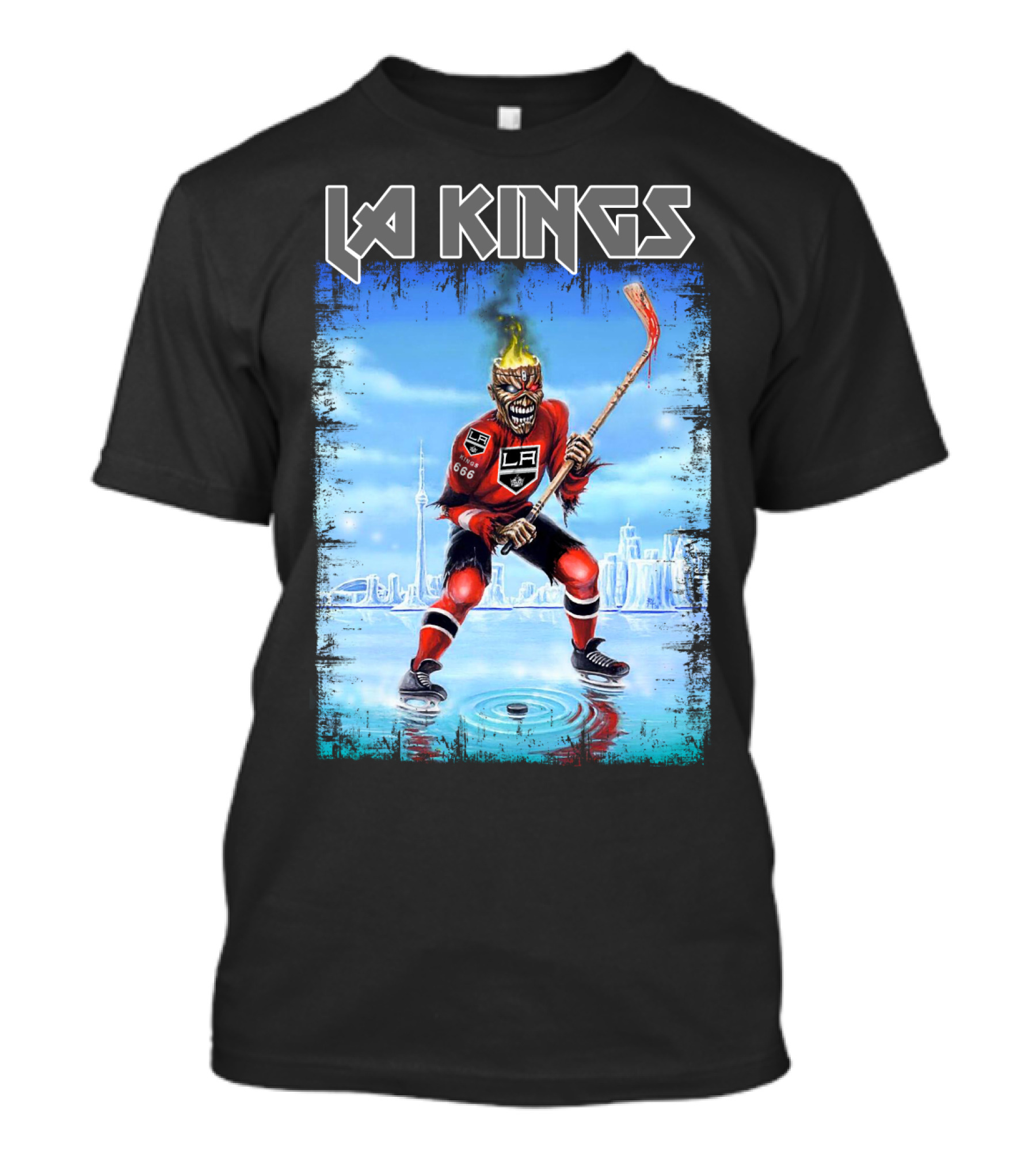 La Kings Fiery Hockey Player With Skyscraper T-Shirt