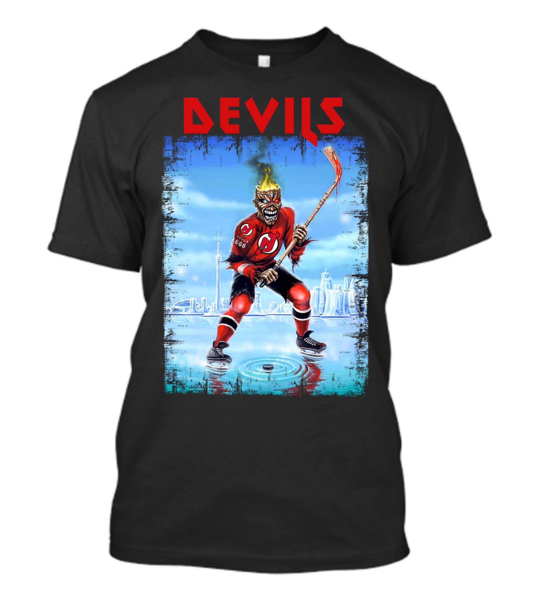 New Jersey Devils Hockey Fiery Demon Skater 666 City Skyline T-Shirt