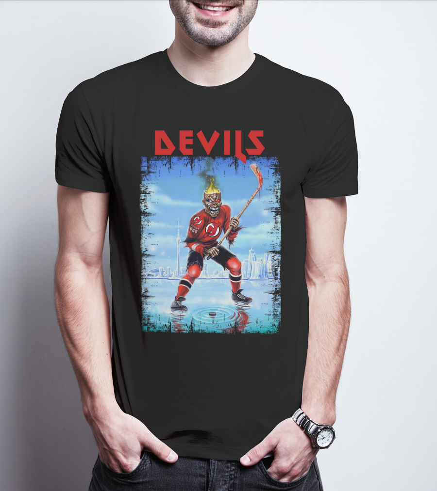 New Jersey Devils Hockey Fiery Demon Skater 666 City Skyline T-Shirt