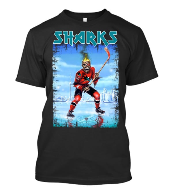 Sharks Hockey Fiery Skeleton Player On Ice T-Shirt