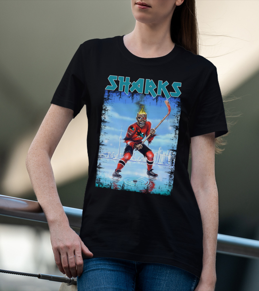 Sharks Hockey Fiery Skeleton Player On Ice T-Shirt
