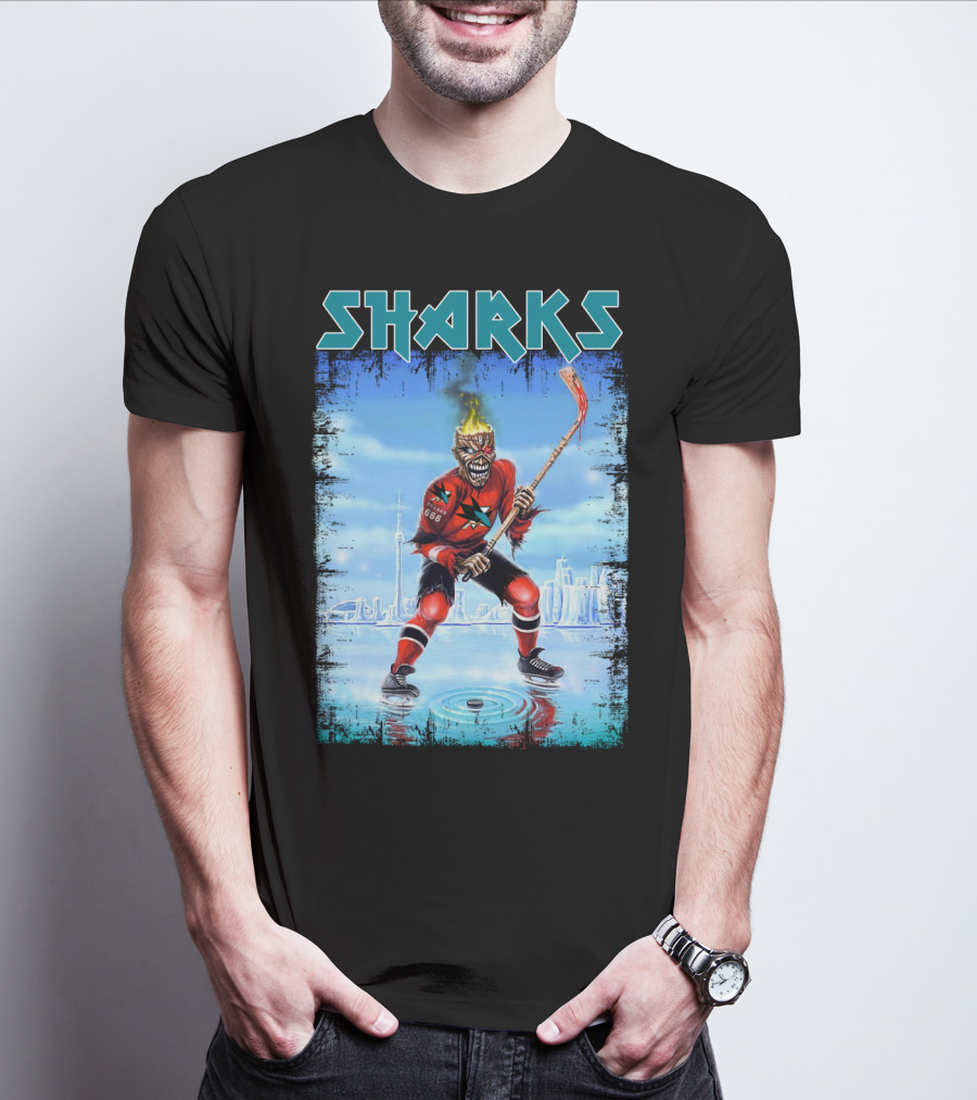 Sharks Hockey Fiery Skeleton Player On Ice T-Shirt