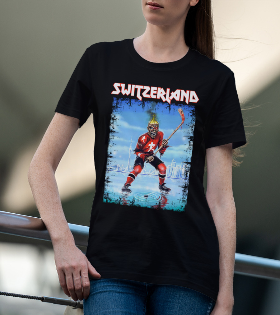 Switzerland Ice Hockey Skeleton With Flaming Head And Hockey Stick 666 Red Uniform Urban Ice Rink T-Shirt