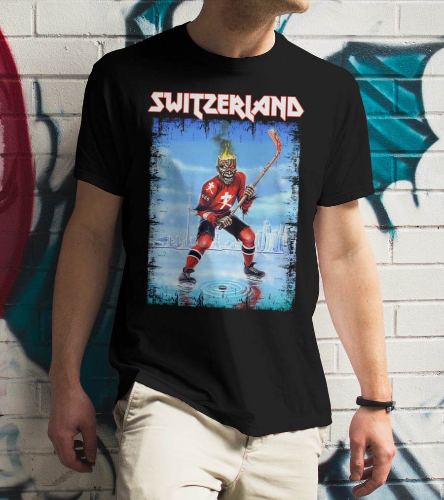 Switzerland Ice Hockey Skeleton With Flaming Head And Hockey Stick 666 Red Uniform Urban Ice Rink T-Shirt