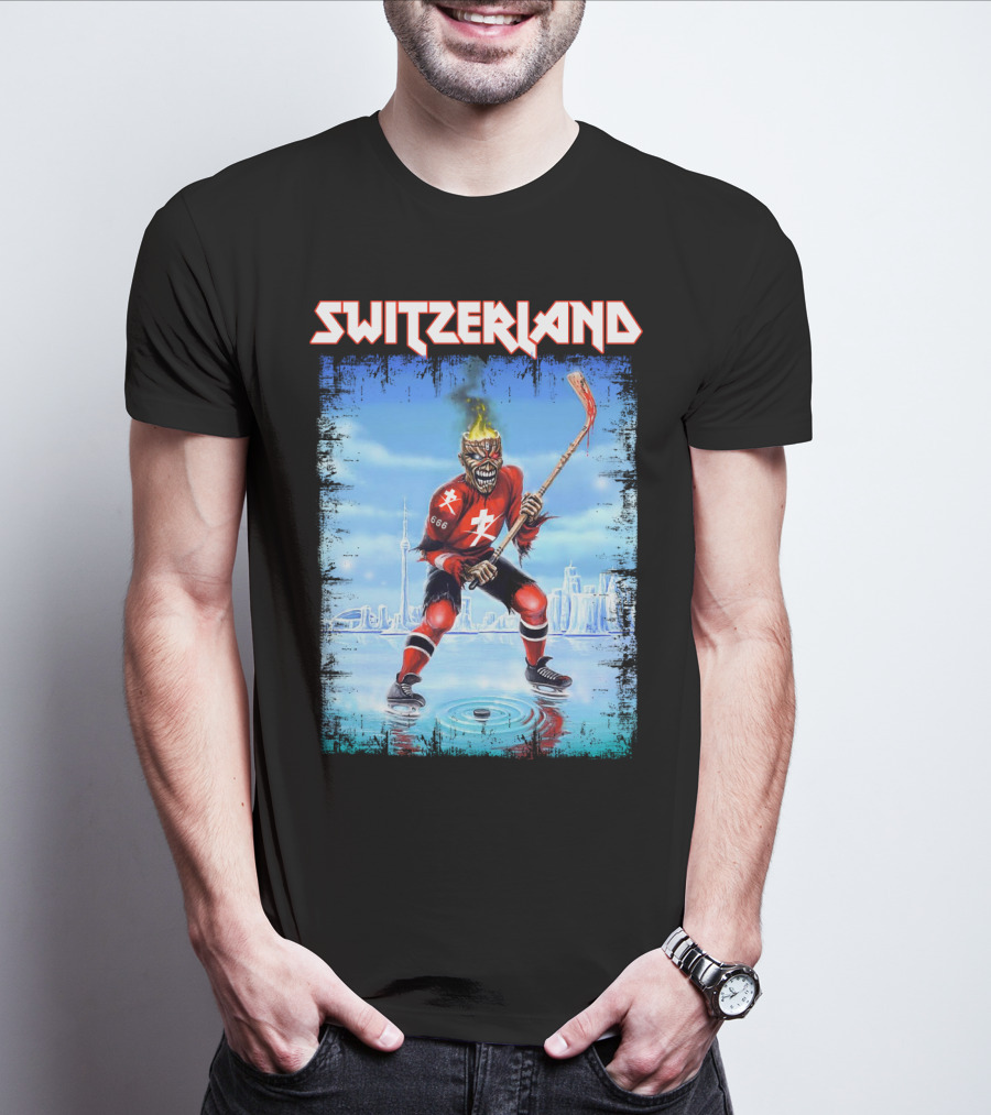 Switzerland Ice Hockey Skeleton With Flaming Head And Hockey Stick 666 Red Uniform Urban Ice Rink T-Shirt
