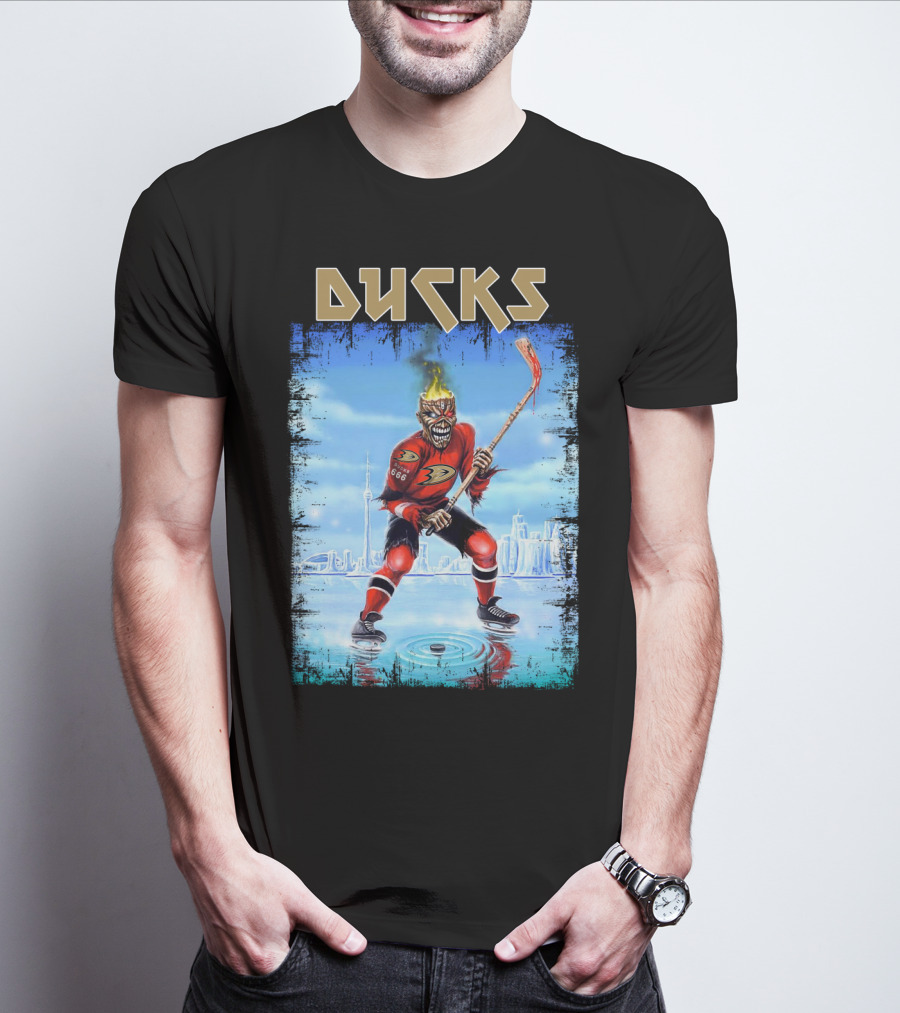 Ducks Hockey Player With Skeleton Face And Flaming Hair In Red Jersey T-Shirt