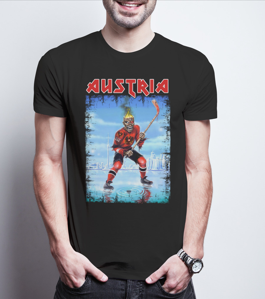 Austria Hockey Skeleton With Red And Black Flames And Vienna Skyline T-Shirt