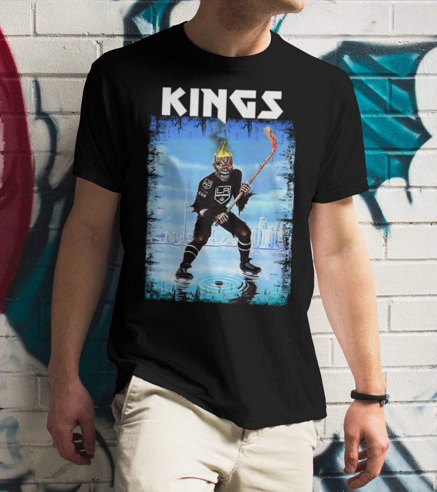 Kings Los Angeles Hockey Fiery Skull Player Ice Skating Scene T-Shirt